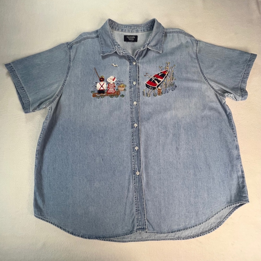 Solutions Original Woman Plus Denim Embroidered Fishing Boat Shirt Short Sleeve